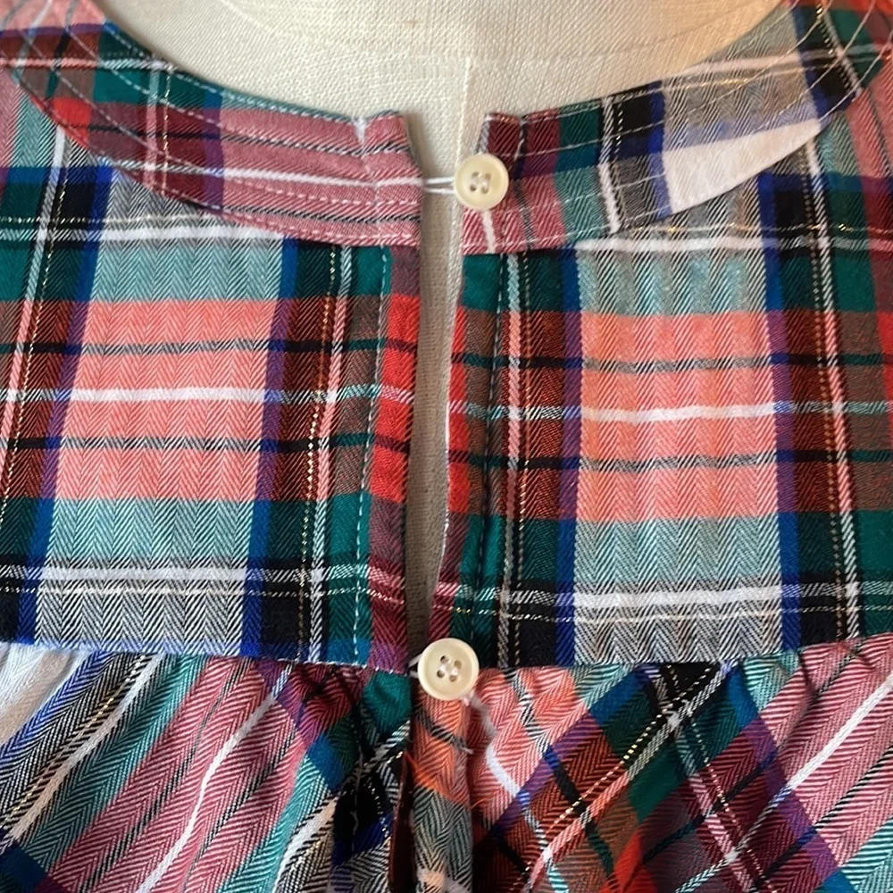 J. Crew women’s plaid pattern blouse top cotton ruffle, metallic accent relax S